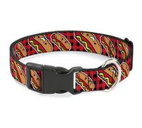 Plastic Clip Collar Hot Dogs/Buffalo Plaid Black/Red NARROW-Small 7-8.5"
