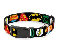 Plastic Clip Collar Justice League Superhero Logos CLOSE-UP Black Large 15-24"