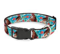 Plastic Clip Collar Moana Poses and Pua Flowers Blues NARROW-Large 9.5-14.5"