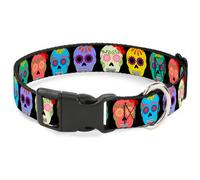 Plastic Clip Collar Painted Sugar Skulls Black/Multi Color WIDE-Small 13-17"
