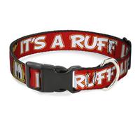 Plastic Clip Collar Pluto 2-Pose IT'S A RUFF LIFE Red/Yellow/White NARROW-Large