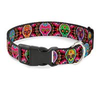 Plastic Clip Collar Six Sugar Skulls Multi Color NARROW-Large 9.5-14.5"