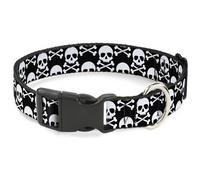 Plastic Clip Collar Skull & Cross Bones Staggered Black/White NARROW-Medium 8.5-