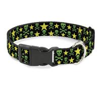 Plastic Clip Collar Skulls & Stars Black/Green/Yellow NARROW-Medium 8.5-12"