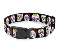 Plastic Clip Collar Staggered Sugar Skulls CLOSE-UP Black/Multi Color WIDE-Large