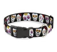 Plastic Clip Collar Sugar Skull Outline Black/Multi Color Small 9.5-13"
