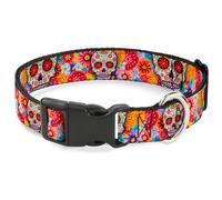 Plastic Clip Collar Sugar Skull Starburst White/Multi Color WIDE-Medium 16-23"