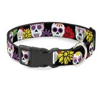 Plastic Clip Collar Sugar Skulls & Flowers Black/Multi Color NARROW-Medium 8.5-1