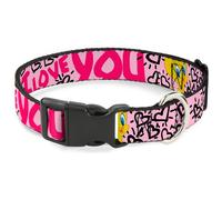 Plastic Clip Collar Tweety Bird I LOVE YOU Pink/Black NARROW-Medium 8.5-12"