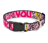 Plastic Clip Collar Tweety Bird I LOVE YOU Pink/Black WIDE-Large 20-31"
