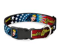 Plastic Clip Collar Wonder Woman Face w/Stars WIDE-Large 20-31"