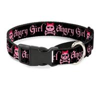 Plastic Martingale Collar Angry Girl Black/Pink WIDE-Small 13-18"