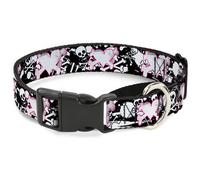 Plastic Martingale Collar Heart & Cross Bones w/Skulls & Splatter Black/White Me
