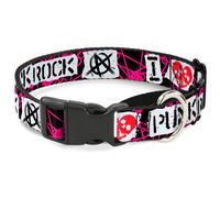Plastic Martingale Collar I Heart Punk Rock w/Safety Pins Black/Fuchsia/White La