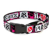 Plastic Martingale Collar I Heart Punk Rock w/Safety Pins Black/Fuchsia/White Sm