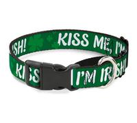 Plastic Martingale Collar KISS ME, I'M IRISH Clovers Green/White WIDE-Large 18-