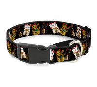 Plastic Martingale Collar Maneki Neko Lucky Cats Gold/Black/White Small 9-15"