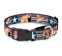 Plastic Martingale Collar Pin Up Girl Poses CLOSE-UP Star & Stripes Gray/Blue/Wh