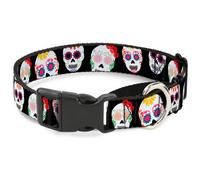 Plastic Martingale Collar Staggered Sugar Skulls Black/Multi Color WIDE-Medium 1