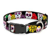 Plastic Martingale Collar Sugar Skulls & Flowers Black/Multi Color WIDE-Medium 1