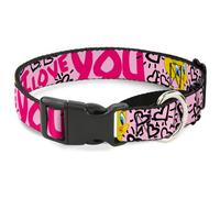 Plastic Martingale Collar Tweety Bird I LOVE YOU Pink/Black Large 15-26"