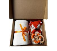 PLASTIMYR Set neonato neonato - Kit per neonati 5 pezzi per baby shower, regalo | Include coperta, sonaglio, asciugamano, massaggiagengive silicone e legno