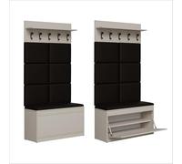 PLATAN ROOM Set di appendiabiti da parete con pannello appendiabiti, scarpiera e armadio pensile, 100 cm, per corridoio, corridoio, rovere e legno bianco (3 pezzi, con 6 pannelli, cashmere)