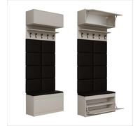 PLATAN ROOM Set di appendiabiti da parete con pannello appendiabiti, scarpiera e armadio pensile, 100 cm, per corridoio, corridoio, rovere e legno bianco (4 pezzi con 8 pannelli, cashmere)