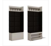 PLATAN ROOM Set di appendiabiti da parete con pannello appendiabiti, scarpiera e armadio pensile, 100 cm, per corridoio, corridoio, rovere e legno bianco (3 pezzi, con 12 pannelli, cashmere)