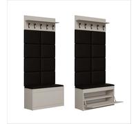 PLATAN ROOM Set di appendiabiti da parete con pannello appendiabiti, scarpiera e armadio pensile, 100 cm, per corridoio, corridoio, rovere e legno bianco (3 pezzi, con 8 pannelli, cashmere)