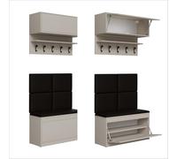 PLATAN ROOM Set di appendiabiti da parete con pannello appendiabiti, scarpiera e armadio pensile, 100 cm, per corridoio, corridoio, rovere e legno bianco (4 pezzi con 4 pannelli, cashmere)