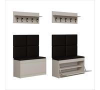PLATAN ROOM Set di appendiabiti da parete con pannello appendiabiti, scarpiera e armadio pensile, 100 cm, per corridoio, corridoio, rovere e legno bianco (3 pezzi, con 4 pannelli, cashmere)