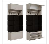 PLATAN ROOM Set di appendiabiti da parete con pannello appendiabiti, scarpiera e armadio pensile, 100 cm, per corridoio, corridoio, rovere e legno bianco (4 pezzi con 10 pannelli, cashmere)
