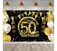 PLATEYTR 50 Striscione di Compleanno 50 Anni Compleanno Festa Decorazioni Oro Nero Fotografia Poster di Compleanno Extra Large Fondale 50 Anni di Buon Compleanno Decorazione di Festa