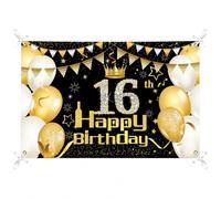 PLATEYTR Decorazione per Il 16 ° Compleanno in Oro Nero,Tessuto Striscione per 16 Anni Compleanno Sfondo Addobbi,16th Birthday Door Sign Banner Decoration for Teenager 16 Years Old Birthday Supplies