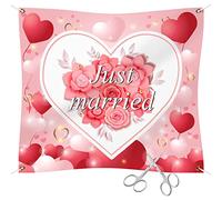 PLATEYTR Decorazioni Matrimonio Cuore da Ritagliare Just Married | Regalo Sposi | 2 Forbici Incluse | con Laccetti per Tenerlo | Striscione Matrimonio 2 m x 1,80 m per Passaggio Sposi