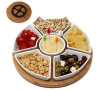 PLATEYTR Piatto da Portata Rotante, Set di 6 Piatti + Vassoio Rotante in bambù + Coperchio in bambù + forchetta per Frutta, 6 Ciotole in Porcellana Bianca e Un Vassoio in bambù (29 x 29 x 5 cm)
