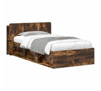 Platform Bed Frame with Storage Drawers Single Size 75x190 cm, Upholstered Headboard Nightstand Shelf, No Box Spring Needed, Smoked Oak Engineered Wood, Easy Assembly for Bedroom Guest Room