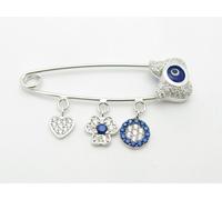 Platino Argento Sterling Bianco Zaffiro Blu Malocchio Cabala Design Spilla