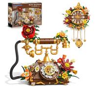 PLAXSOON Set di edifici telefonici retrò con fiori, 2 in 1 orologio da parete vintage per telefono da costruzione, decorazione per casa e ufficio, 862 pezzi, regalo per adulti, adolescenti, ragazzi e