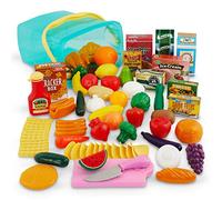 Play Circle - Cibo con secchiello - 79 pezzi di cibo giocattolo con contenitore, frutta, verdura, coltello, lavagna per negozio di cucina per bambini, 3 anni+