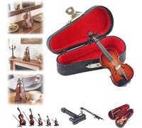 Playable - Piccolo violino in miniatura, modello di strumento in legno con supporto, arco e custodia in pelle nera, mini violino per casa delle bambole, decorazione per casa e ufficio, regalo