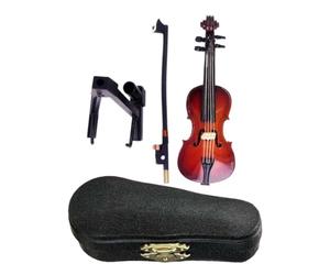 Playable Tiny Violin Statue 12 cm | Wooden Body + Metal Strings, 110 g | Small Miniature Instrument with Sad Sound | Accessory, Prank Gift, Stand, Bow & Case