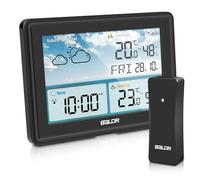 PlayDen Stazione meteo radio con sensore esterno, termometro interno esterno, igrometro con previsioni meteorologiche, display a colori, orologio radio DCF con sveglia, allarme temperatura, da