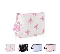 Playexen Mini borsa per trucchi, piccola borsa cosmetica con papillon per borsetta con portachiavi, borsa portatile XS da viaggio per uso quotidiano, Papillon Rosa, Carino
