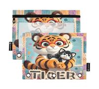 Playful Tigers - Set di 2 astucci per raccoglitori a 3 anelli, con cerniera liscia e finestra in PVC trasparente, per articoli scolastici, colore: blu