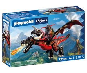 PLAYMOBIL | Cavalieri | Drago nero | Grande drago di fuoco con funzione di sparo e cavaliere | Giocattolo per bambini dai 4 anni in su | 72114