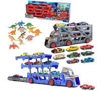 Playset Camion Trasporto Auto Multilivello con 12 Dinosauri e 8 Macchinine, Giocattolo di Simulazione per Bambini con Animali Preistorici e Macchine, Autoarticolato a 3 Livelli Colori Assortiti Camion