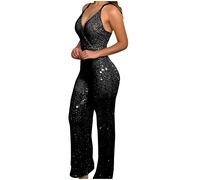 Playsuits - Jumpsuit da cocktail da donna, push up, elegante con glitter, per feste, con spalline, senza maniche, bodysuit lungo, per club, pantaloni estivi, primavera, a maniche corte, streetwear