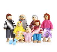 Playtee Felice Famiglia di Bambole di Legno Set di 7 Pupazzi Flessibili, Multicolore